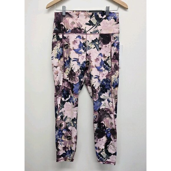 NEW RBX High Waisted Ankle Length Leggings Size Large Purple Floral Stretch NWT - Picture 2 of 13
